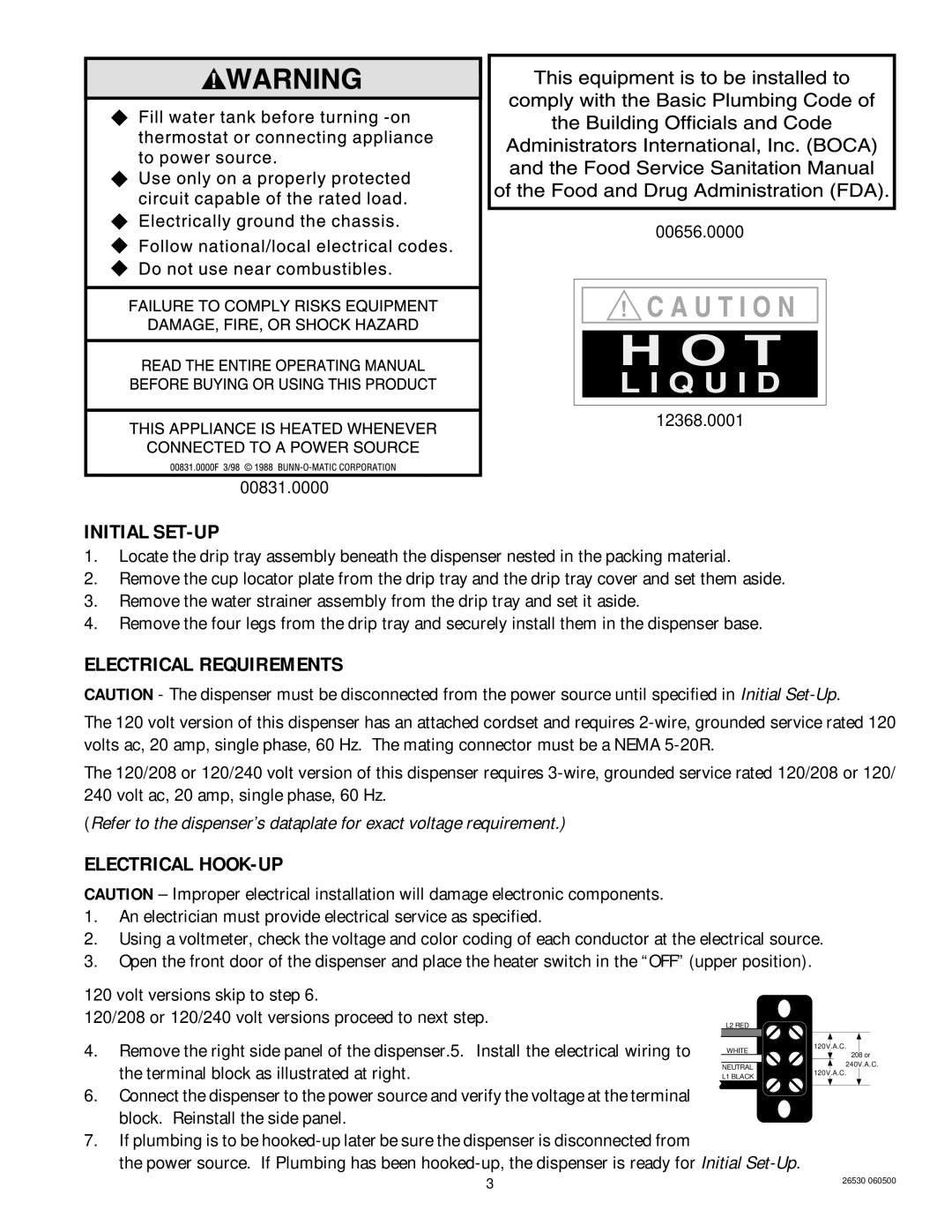 Bunn HC-2 service manual Initial SET-UP, Electrical Requirements, Electrical HOOK-UP 