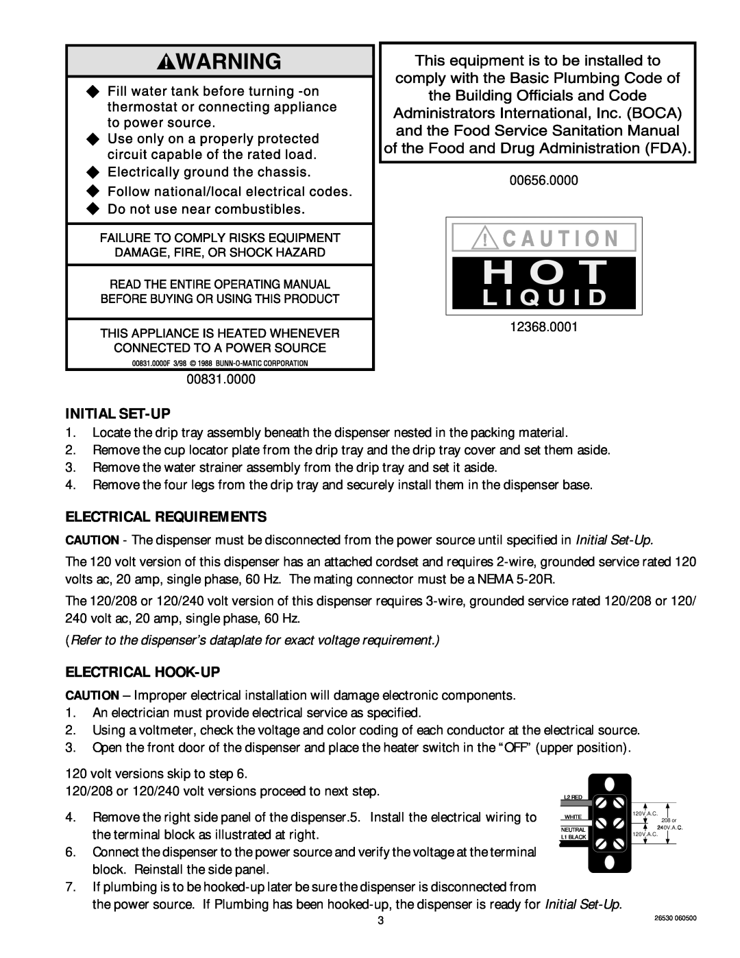 Bunn HC-2 service manual Initial Set-Up, Electrical Requirements, Electrical Hook-Up 