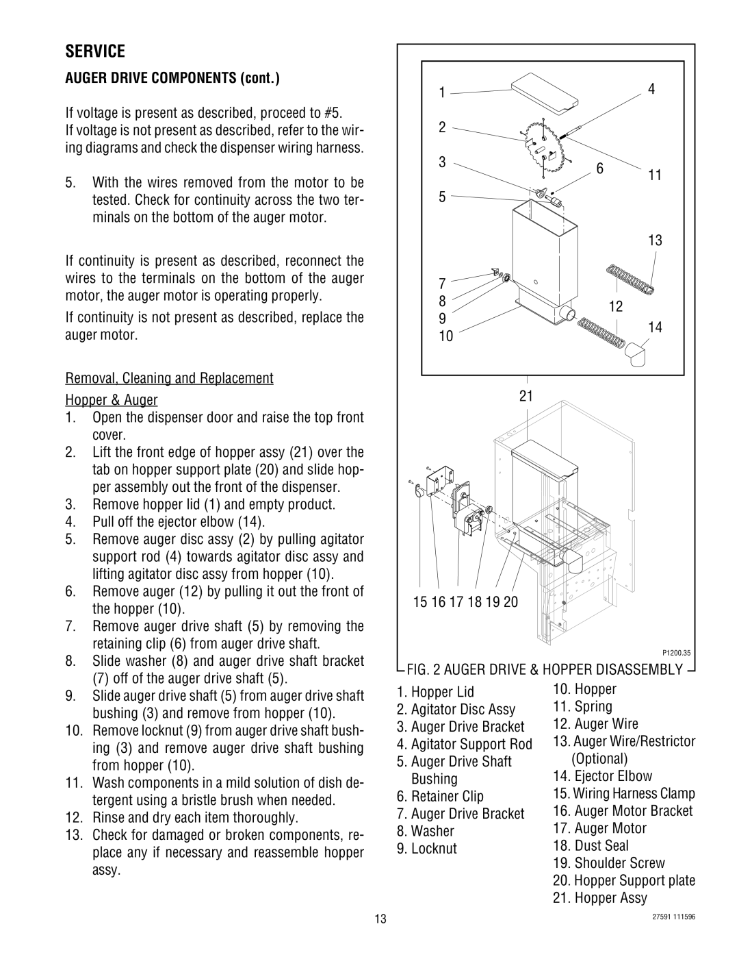 Bunn HC-3 service manual Auger Drive Components, If voltage is present as described, proceed to #5, Hopper Assy 