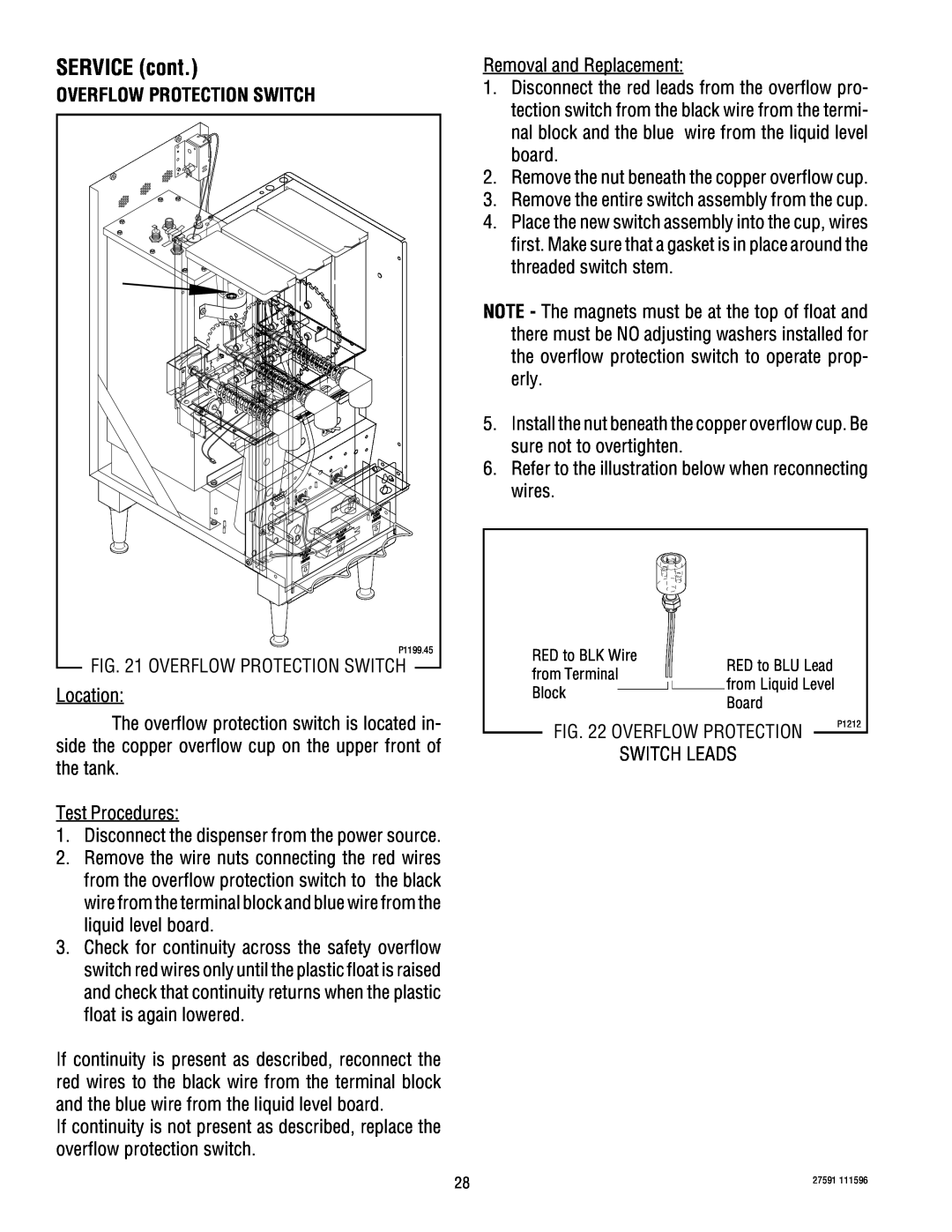 Bunn HC-3 service manual Overflow Protection Switch, SERVICE cont 