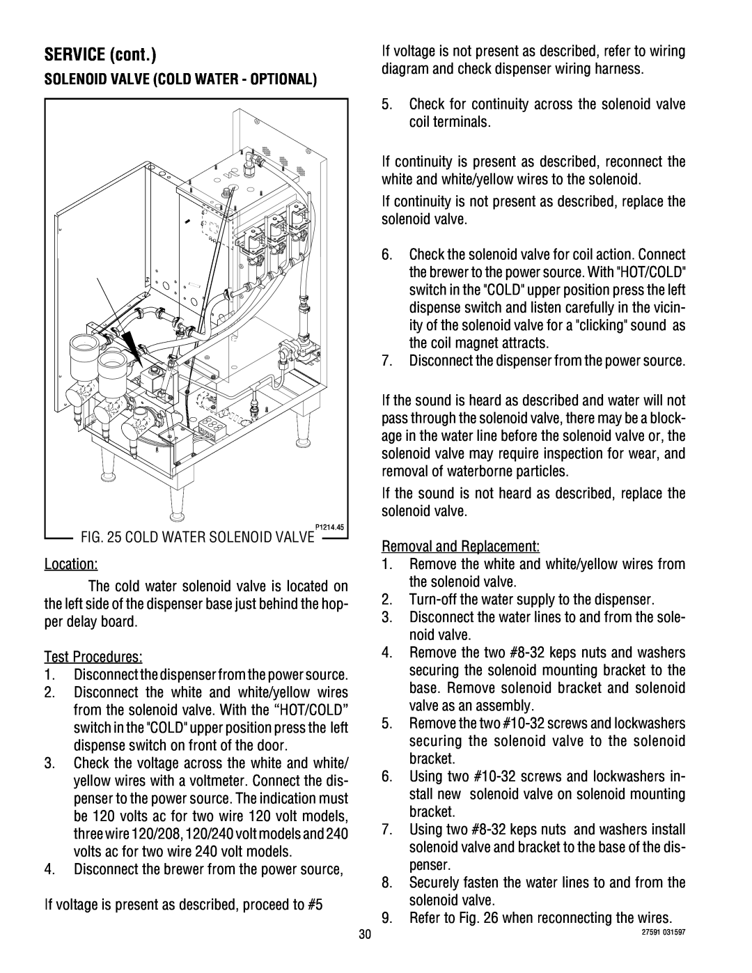 Bunn HC-3 service manual Solenoid Valve Cold Water - Optional, SERVICE cont 