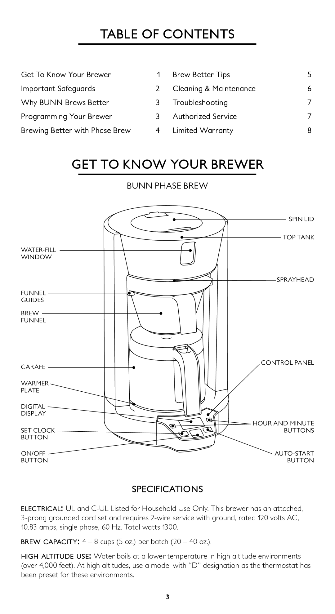 Bunn HG manual Table of Contents, GET to Know Your Brewer 