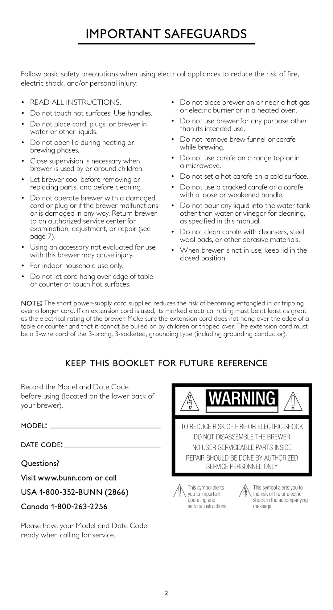 Bunn HG manual Important Safeguards, Keep this booklet for future reference, Questions? 