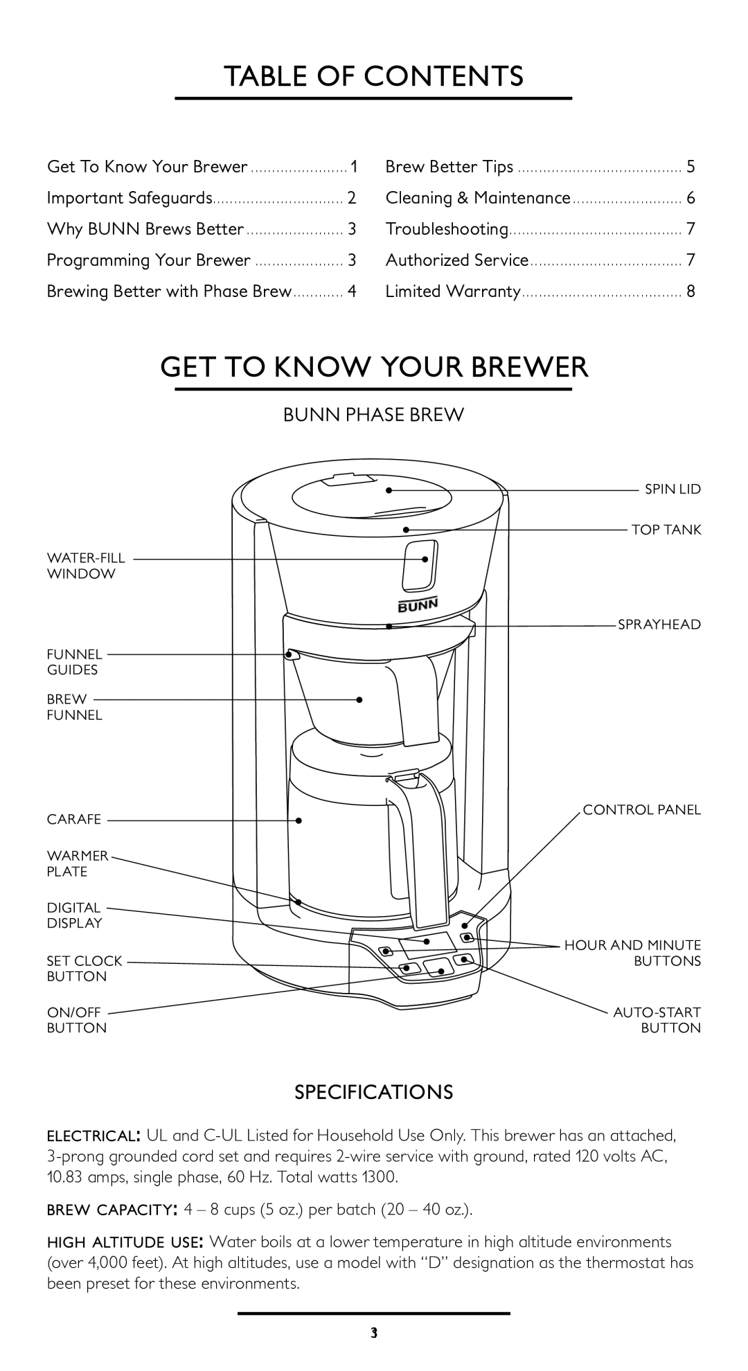 Bunn HG manual Table Of Contents, Get To Know Your Brewer, Bunn Phase Brew, specifications 