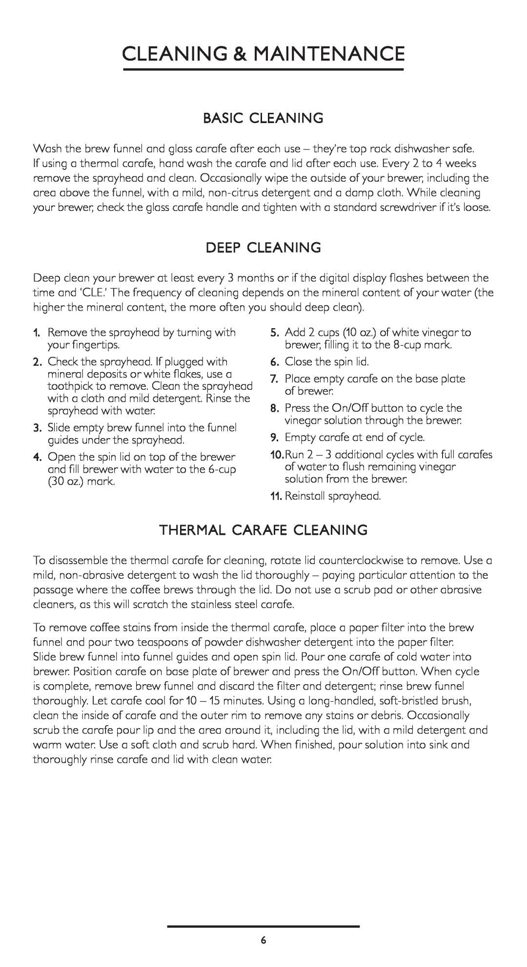 Bunn HG manual Cleaning & Maintenance, basic cleaning, deep cleaning, thermal carafe cleaning 