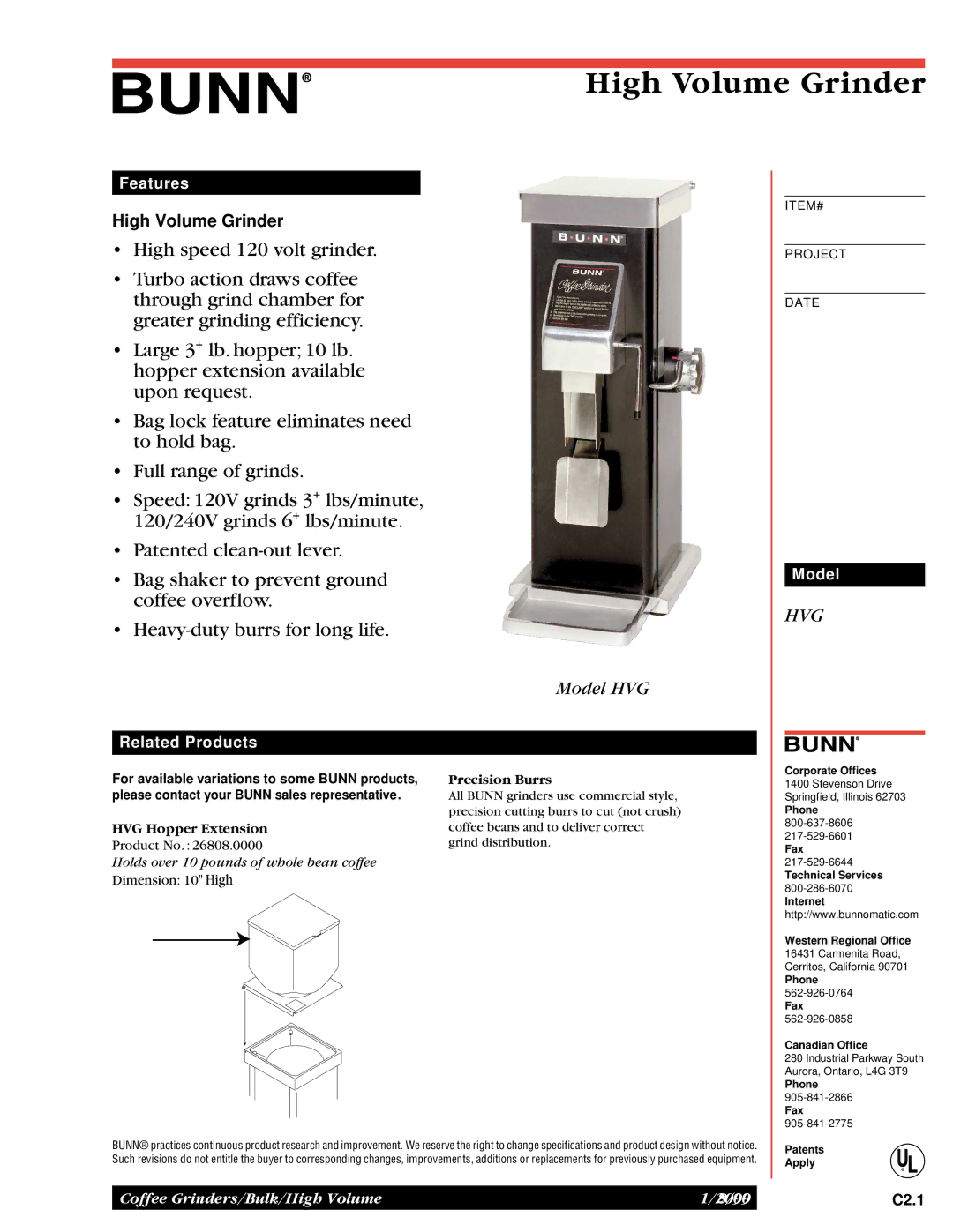 Bunn specifications Features, Related Products, Model, Precision Burrs, HVG Hopper Extension 