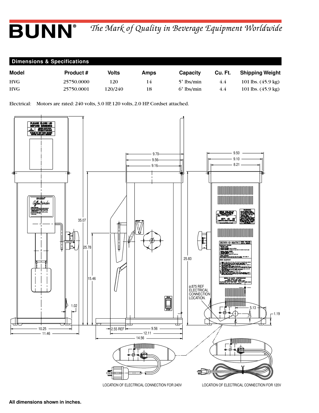 Bunn HVG specifications Mark of Quality in Beverage Equipment Worldwide, Dimensions & Specifications 