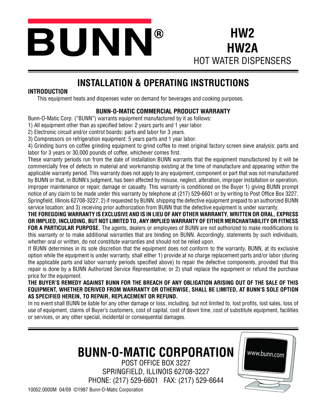 Bunn warranty HW2 HW2A, Installation & Operating Instructions 