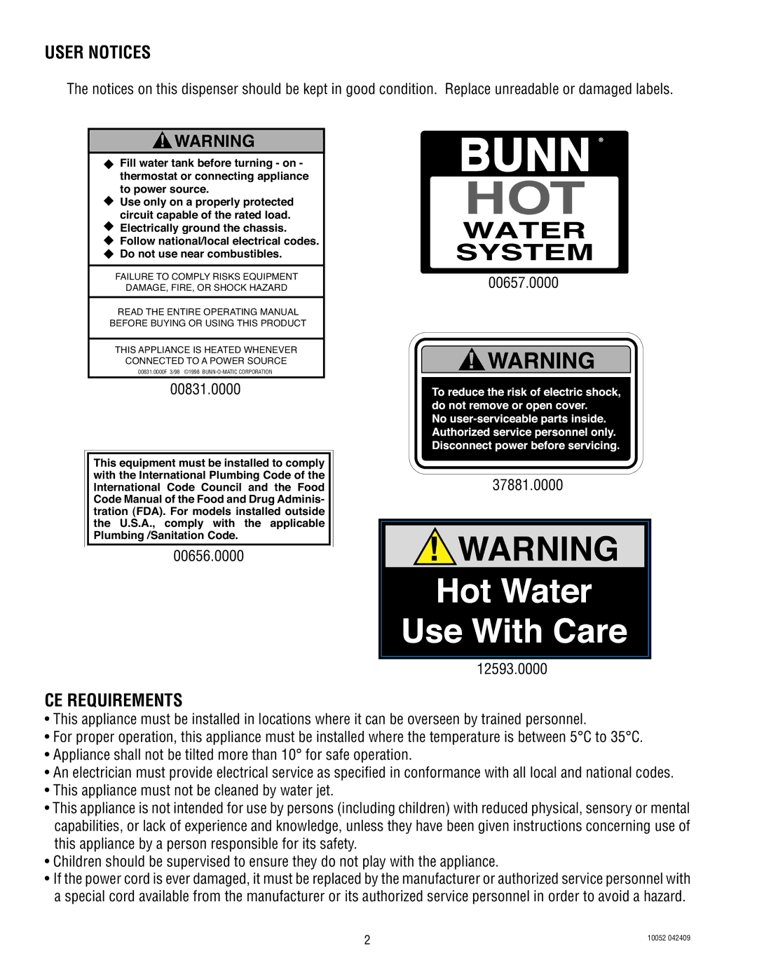 Bunn HW2A warranty User Notices, CE Requirements 