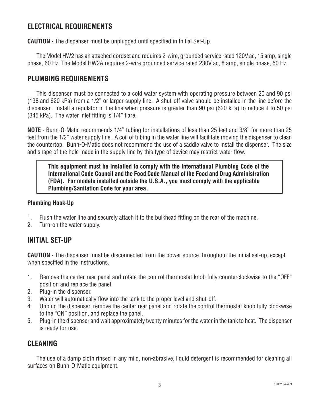 Bunn HW2A warranty Electrical Requirements, Plumbing Requirements, Initial SET-UP, Cleaning 