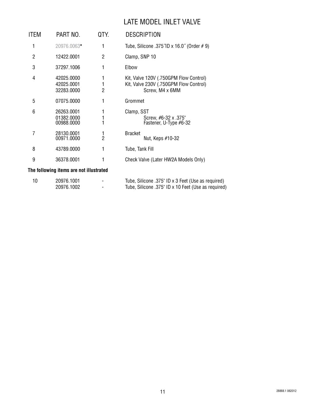 Bunn HW2A specifications Following items are not illustrated 