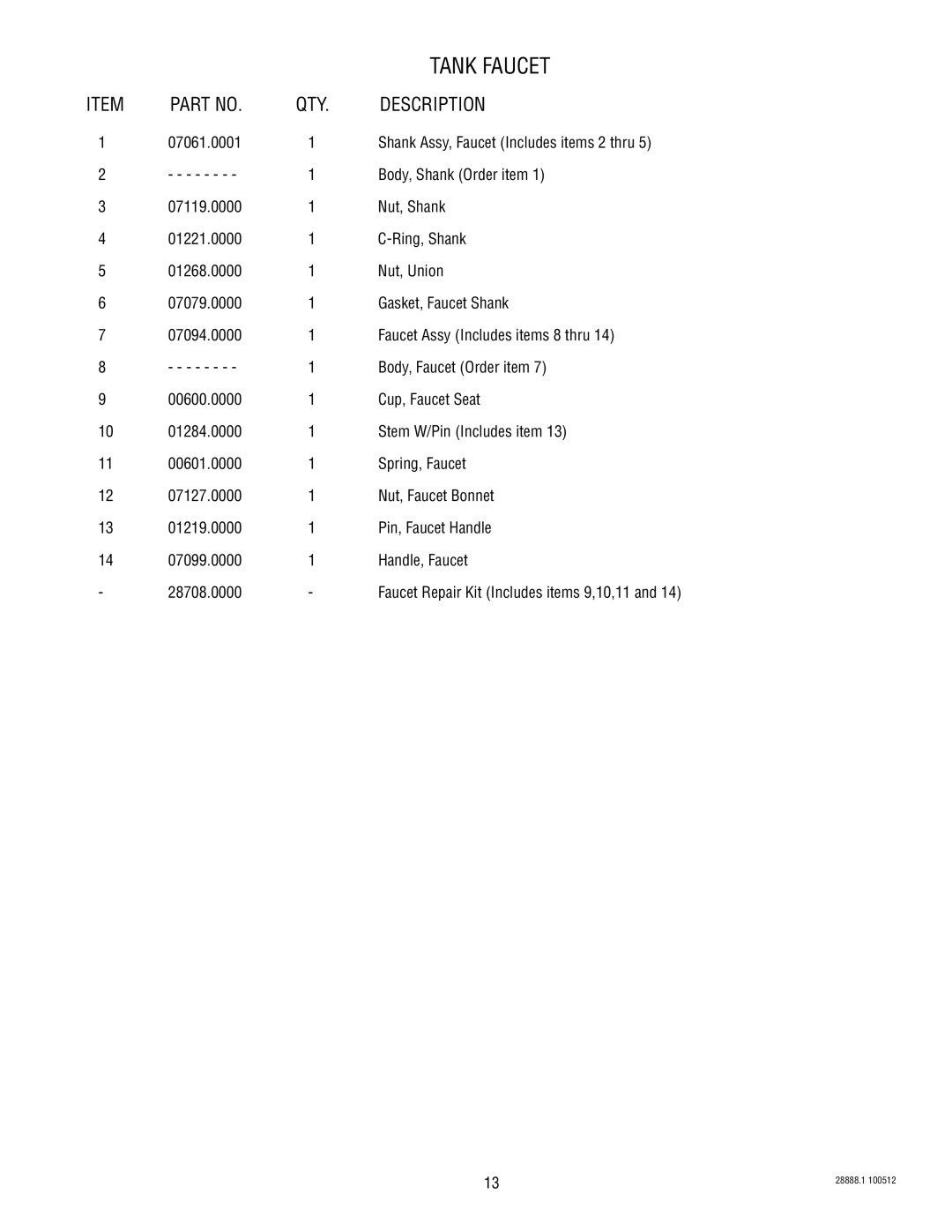 Bunn HW2A specifications Tank Faucet 