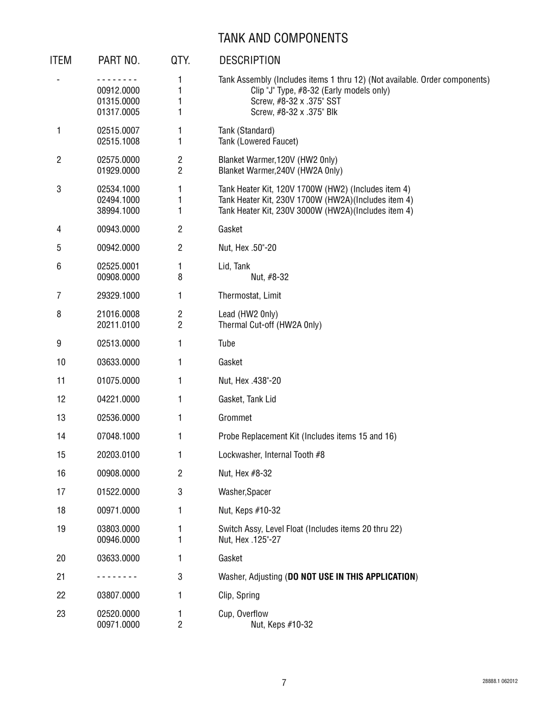 Bunn HW2A specifications Tank and Components 