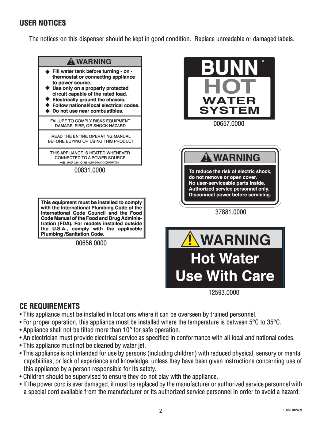 Bunn HW2A warranty User Notices, Ce Requirements 