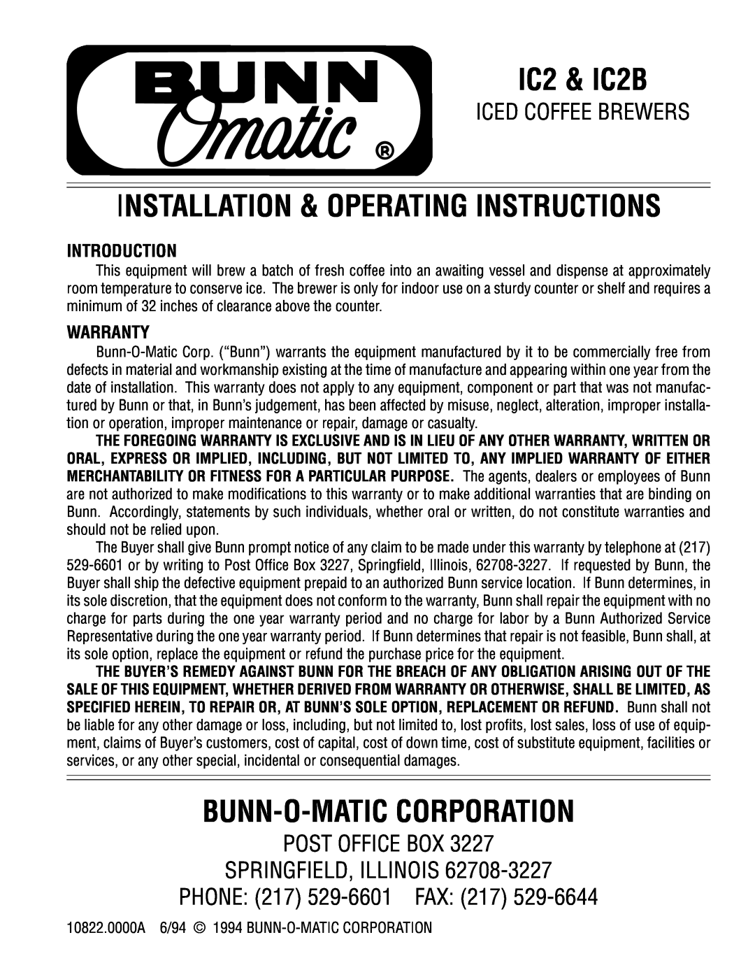 Bunn warranty Introduction, Warranty, IC2 & IC2B, Bunn-O-Matic Corporation, Installation & Operating Instructions 