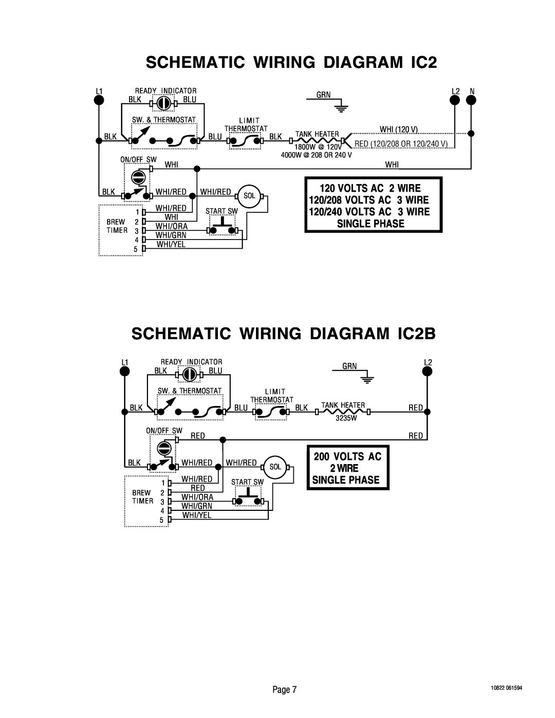 Bunn warranty Wire, SCHEMATIC WIRING DIAGRAM IC2B, Volts Ac, VOLTS AC 2 WIRE, 120/208 VOLTS AC 3 WIRE, Single Phase 