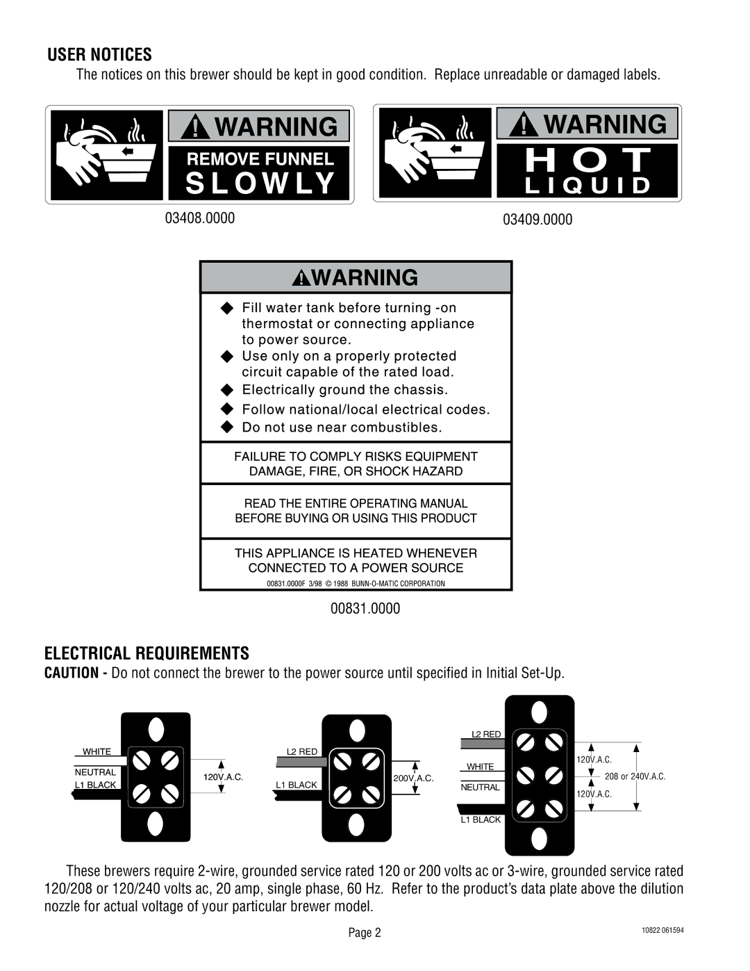 Bunn IC2B warranty User Notices, Electrical Requirements 