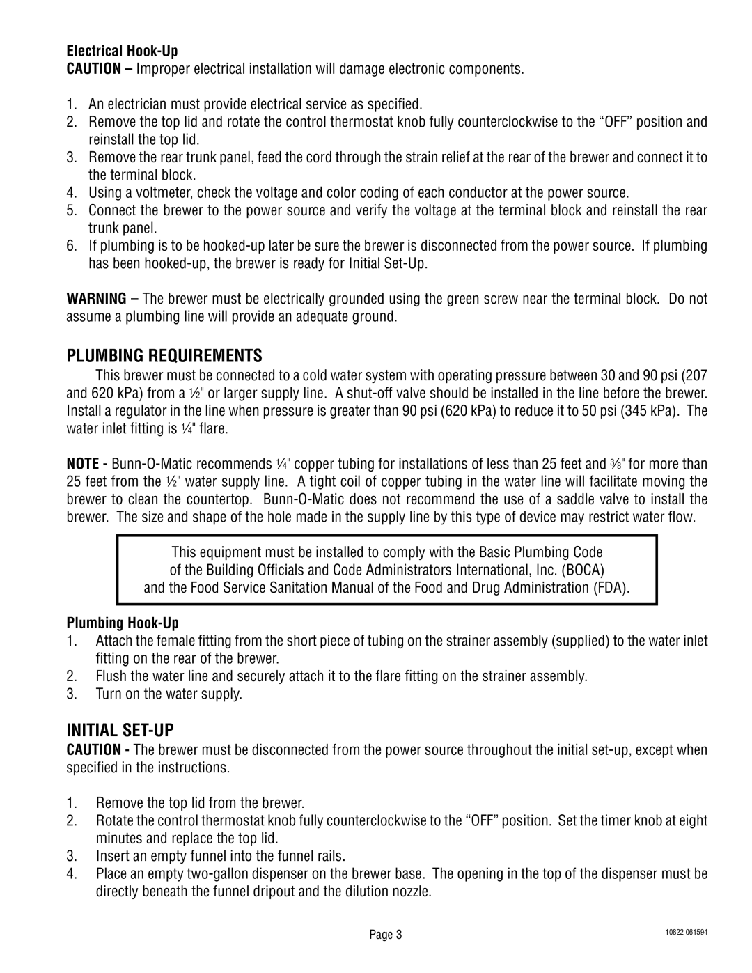 Bunn IC2B warranty Plumbing Requirements, Initial SET-UP, Electrical Hook-Up, Plumbing Hook-Up 