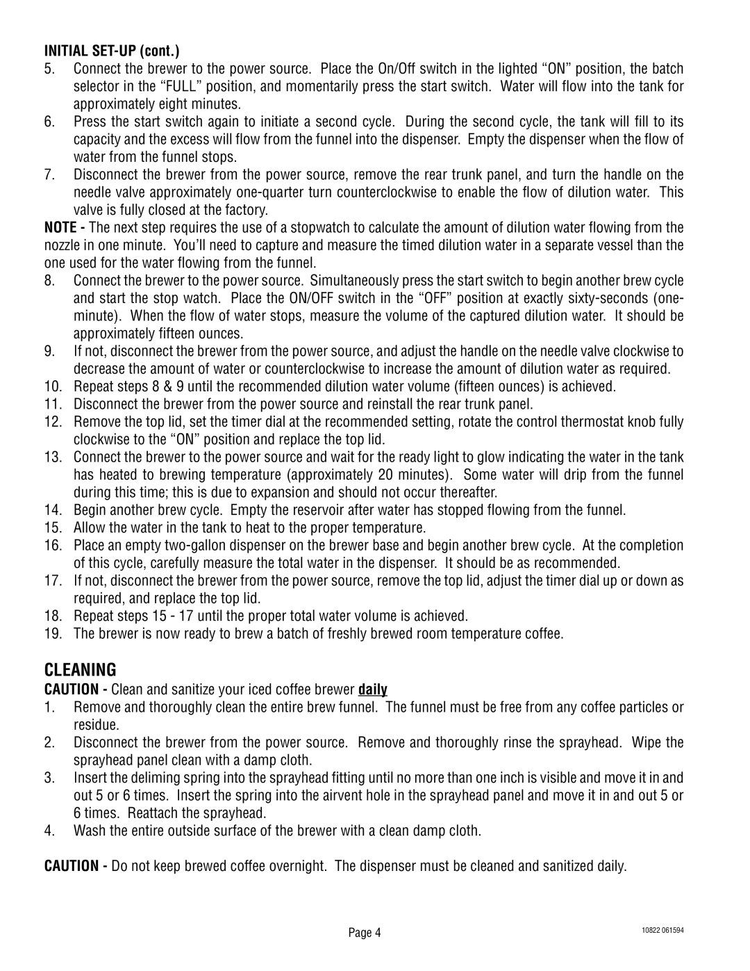 Bunn IC2B warranty Cleaning, Initial SET-UP 