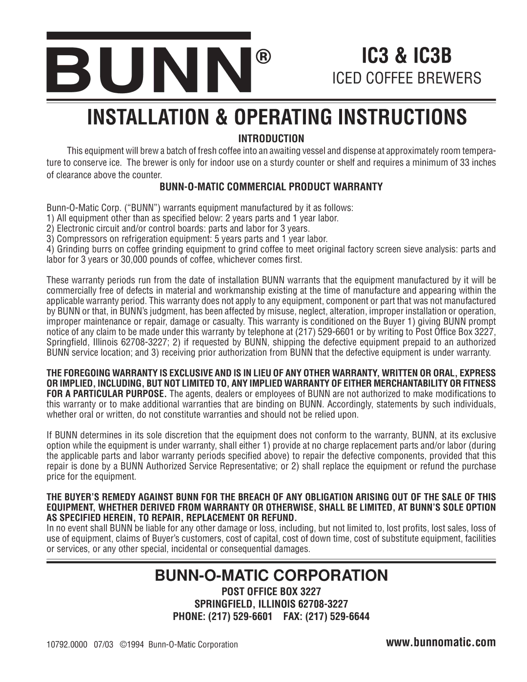 Bunn warranty IC3 & IC3B, Phone 217 529-6601 FAX 217 