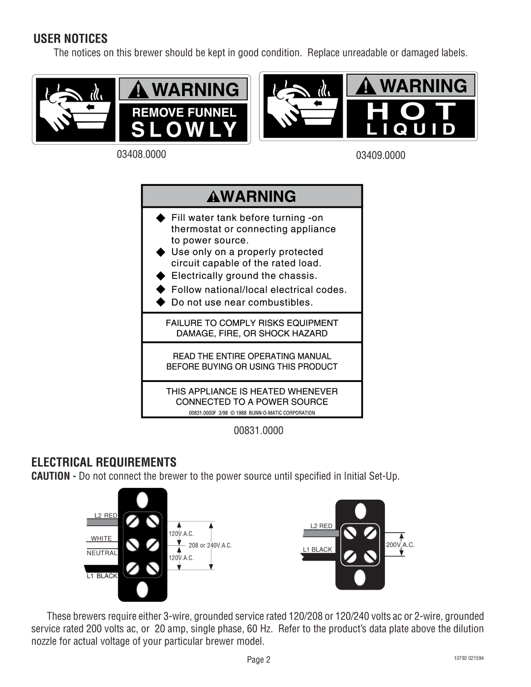 Bunn IC3B warranty User Notices, Electrical Requirements 