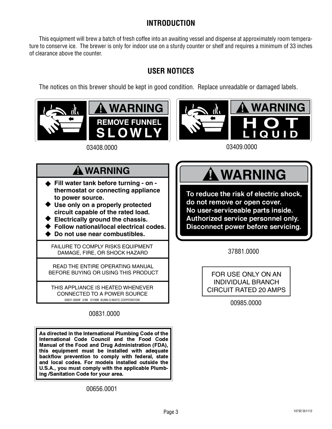 Bunn IC3B service manual Introduction, User Notices 