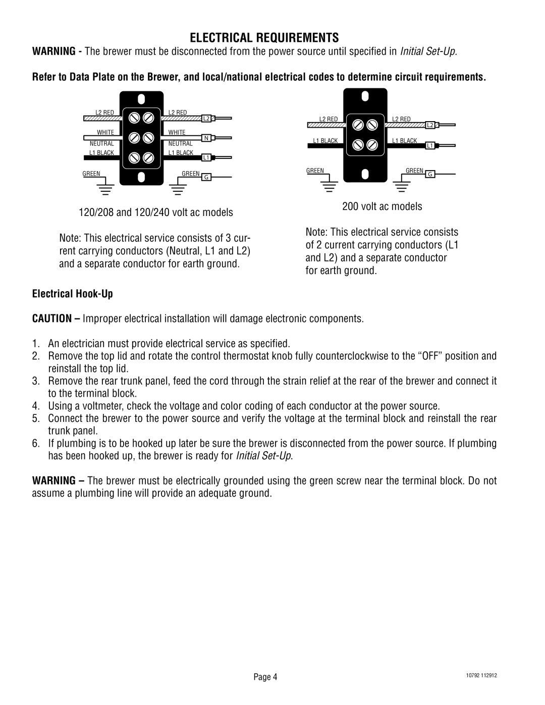 Bunn IC3B service manual Electrical Requirements, Electrical Hook-Up 