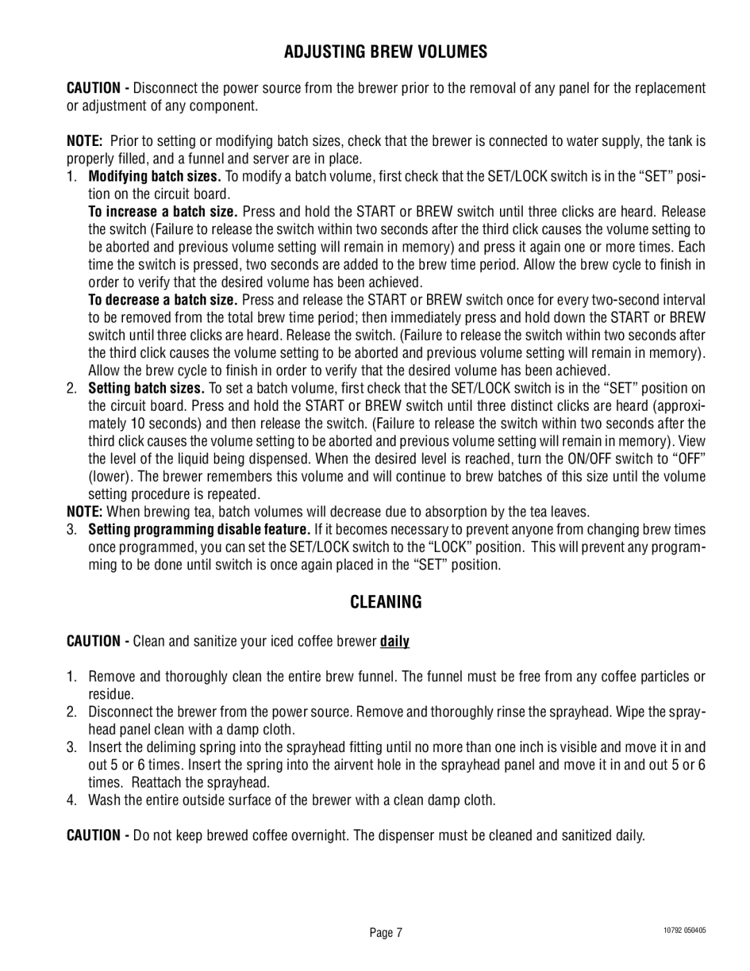 Bunn IC3B service manual Adjusting Brew Volumes, Cleaning 