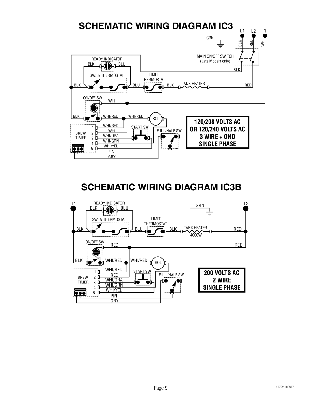 Bunn IC3B service manual Schematic Wiring Diagram IC3 L1 L2 N, 120/208 Volts AC Or 120/240 Volts AC 