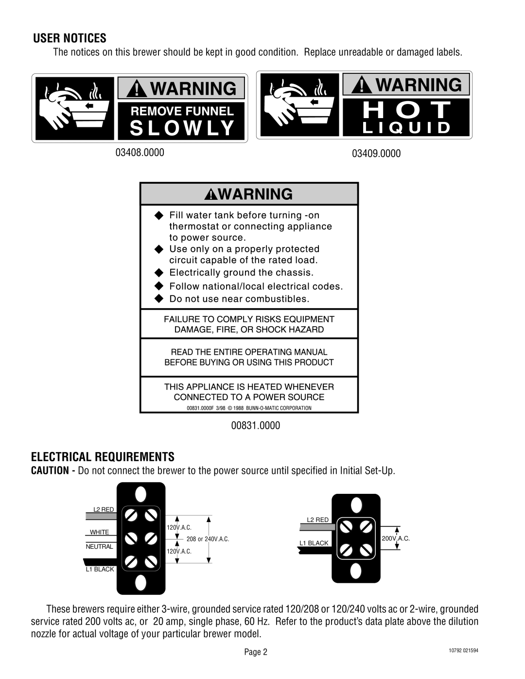 Bunn IC3B warranty User Notices, Electrical Requirements 