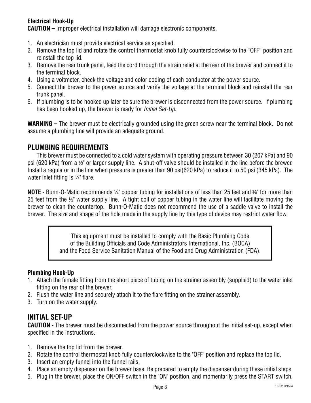 Bunn IC3B warranty Plumbing Requirements, Initial SET-UP, Electrical Hook-Up, Plumbing Hook-Up 