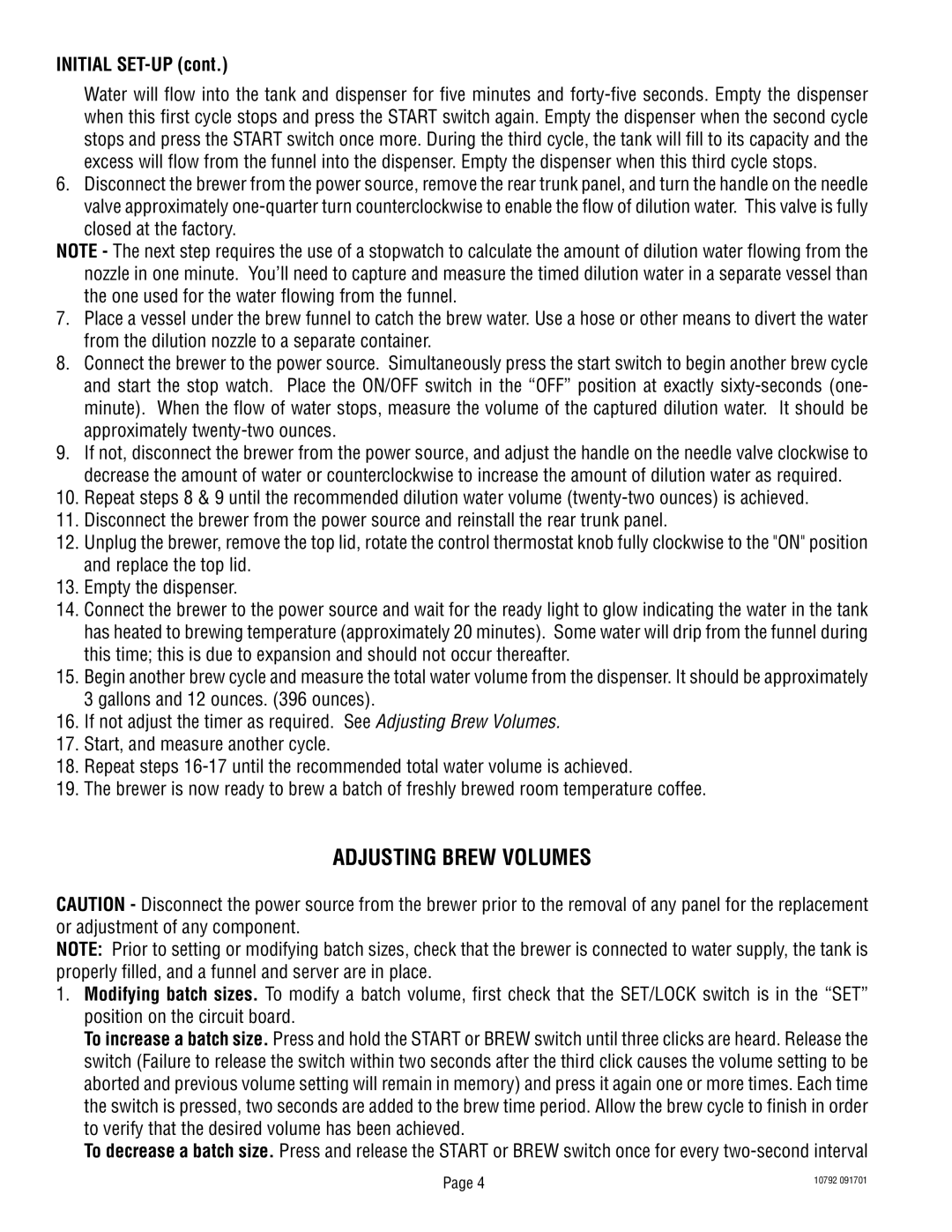 Bunn IC3B warranty Adjusting Brew Volumes, Initial SET-UP 