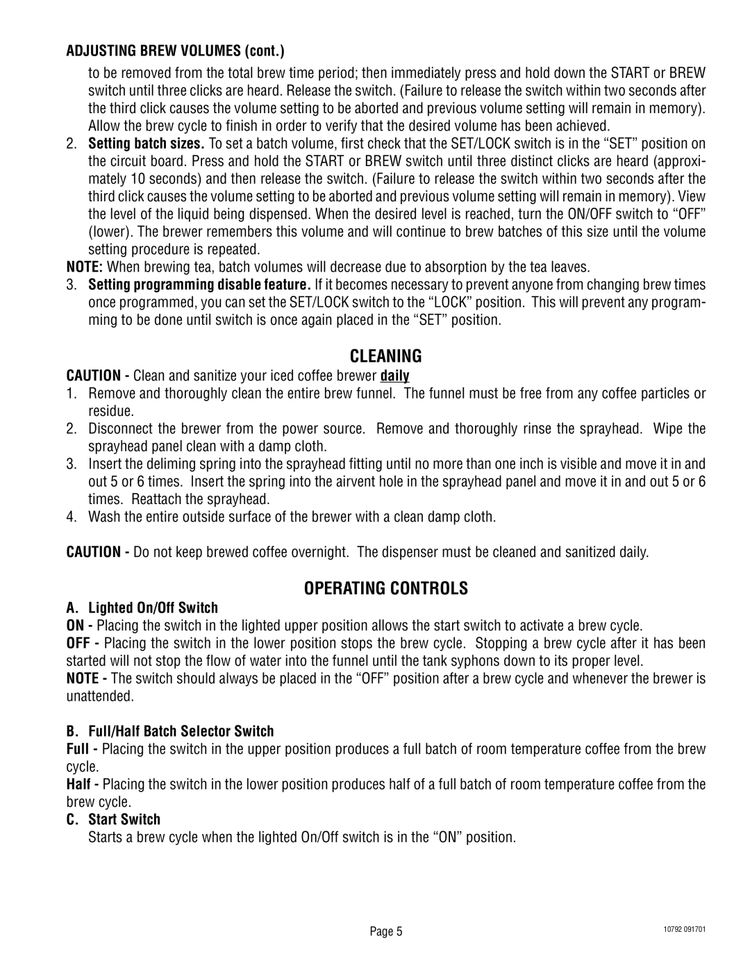 Bunn IC3B warranty Cleaning, Operating Controls 