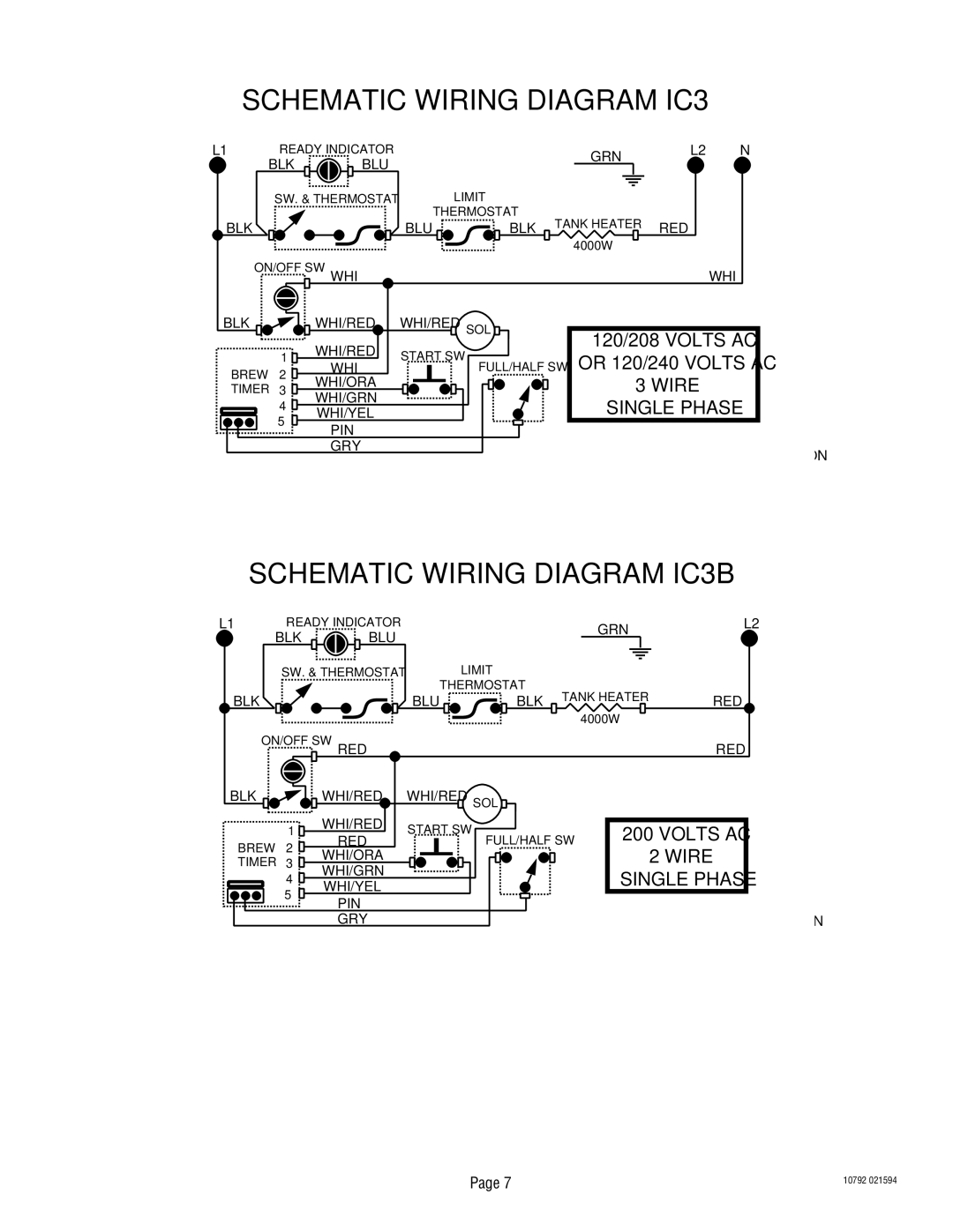 Bunn warranty Schematic Wiring Diagram IC3B, 120/208 Volts AC Or 120/240 Volts AC 