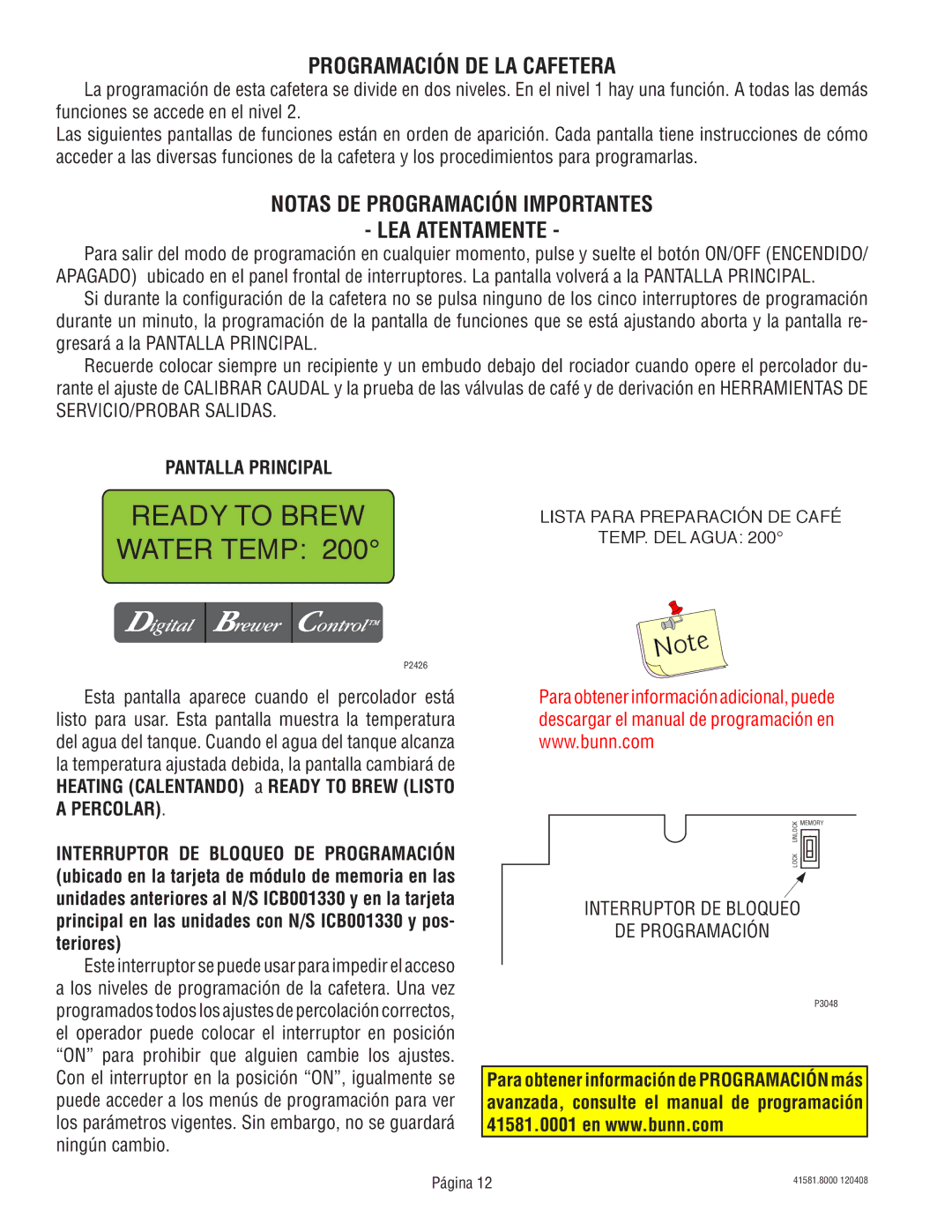 Bunn ICBA, ICB-DV, ICBC Programación DE LA Cafetera, Notas DE Programación Importantes LEA Atentamente, Pantalla Principal 