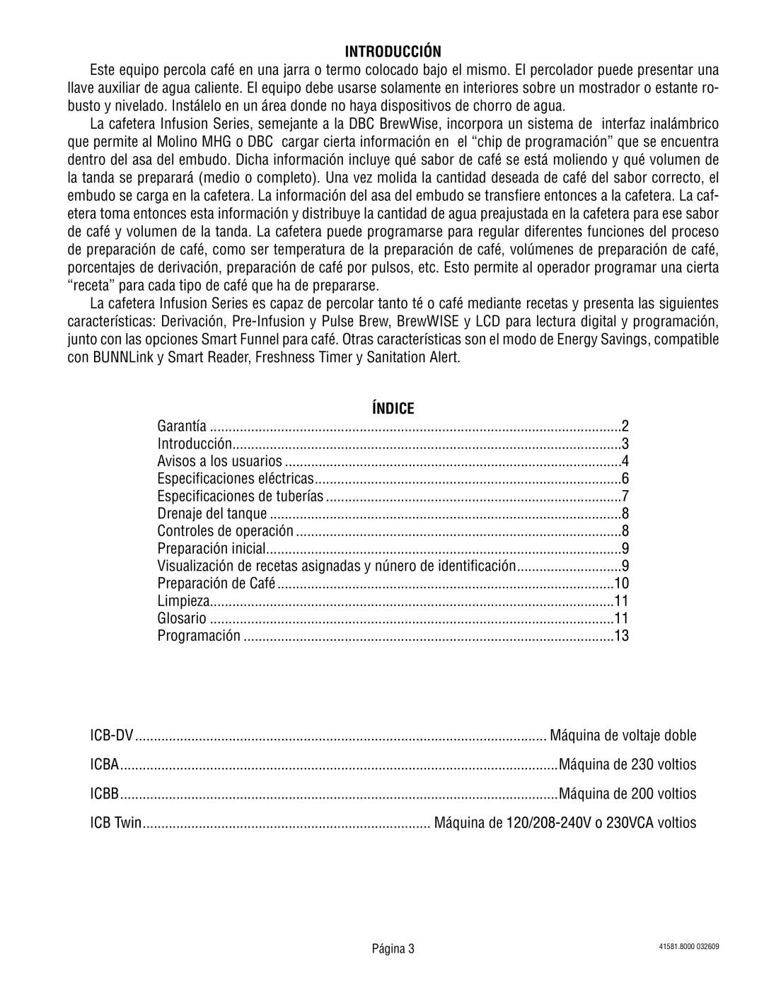 Bunn ICBC, ICB-DV, ICBA, ICBB manual Introducción, Índice 