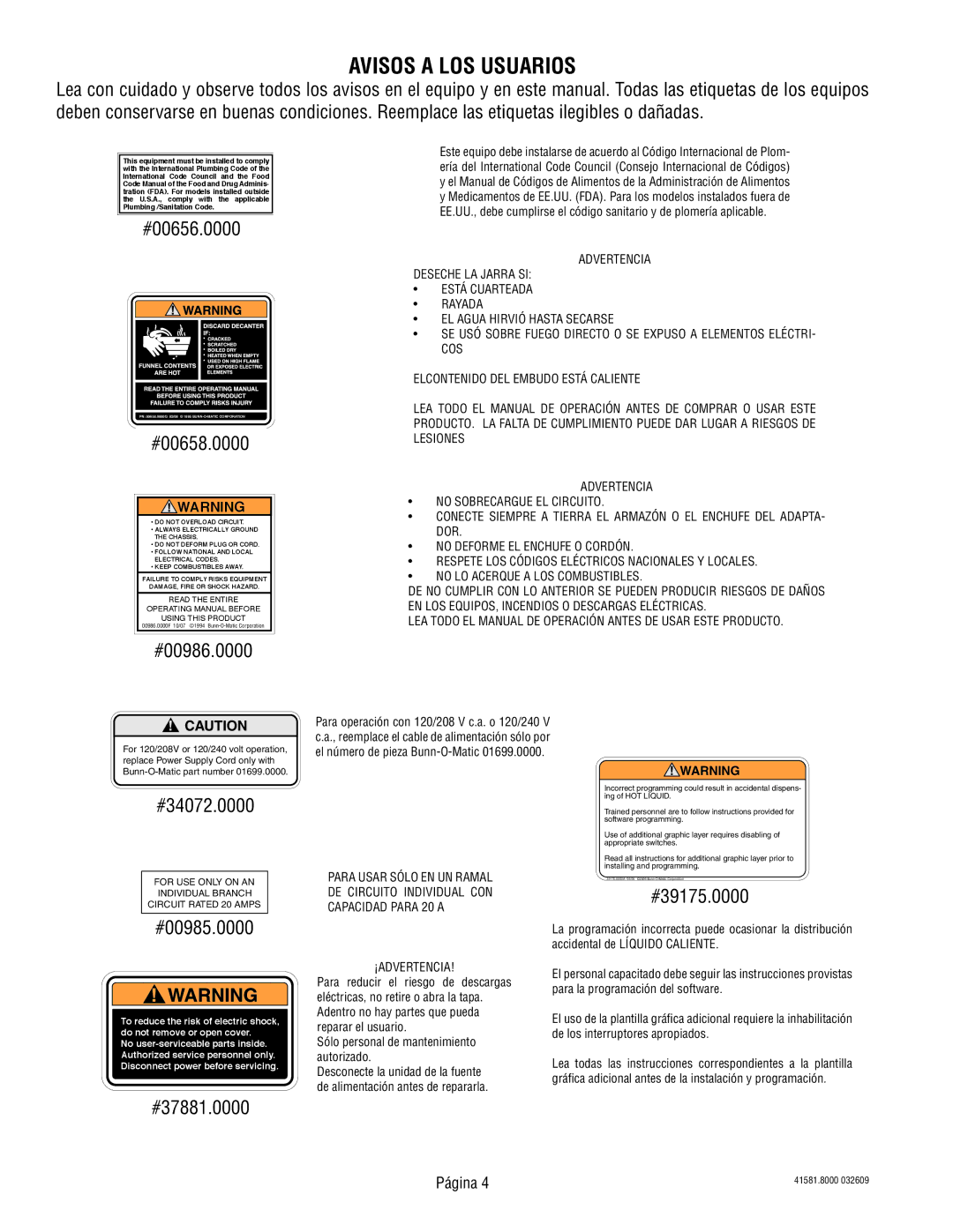 Bunn ICBB, ICB-DV, ICBA, ICBC manual Avisos a LOS Usuarios, #00658.0000 