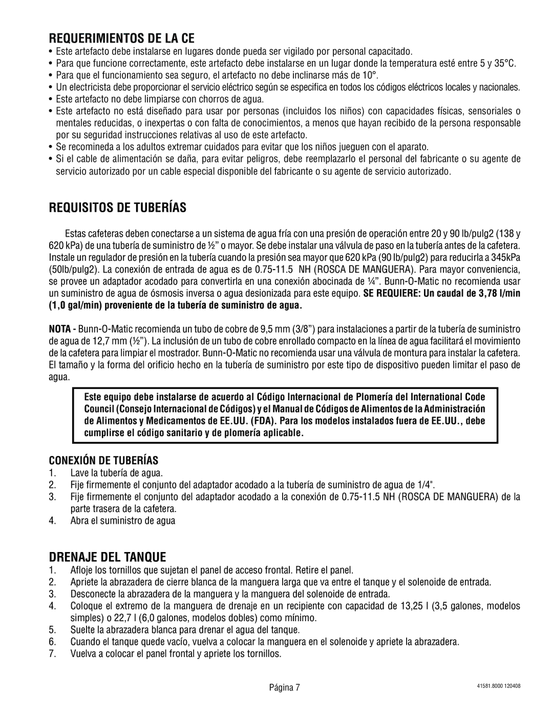 Bunn ICBA, ICB-DV, ICBC, ICBB manual Requerimientos DE LA CE, Requisitos DE Tuberías, Drenaje DEL Tanque, Conexión DE Tuberías 