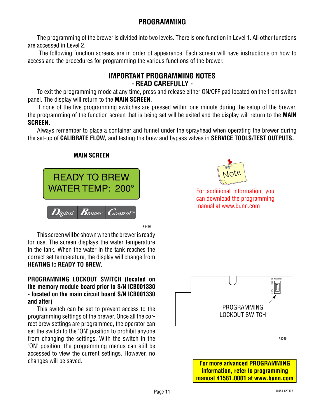 Bunn ICBB, ICBA, ICBC service manual Important Programming Notes Read Carefully, Main Screen 