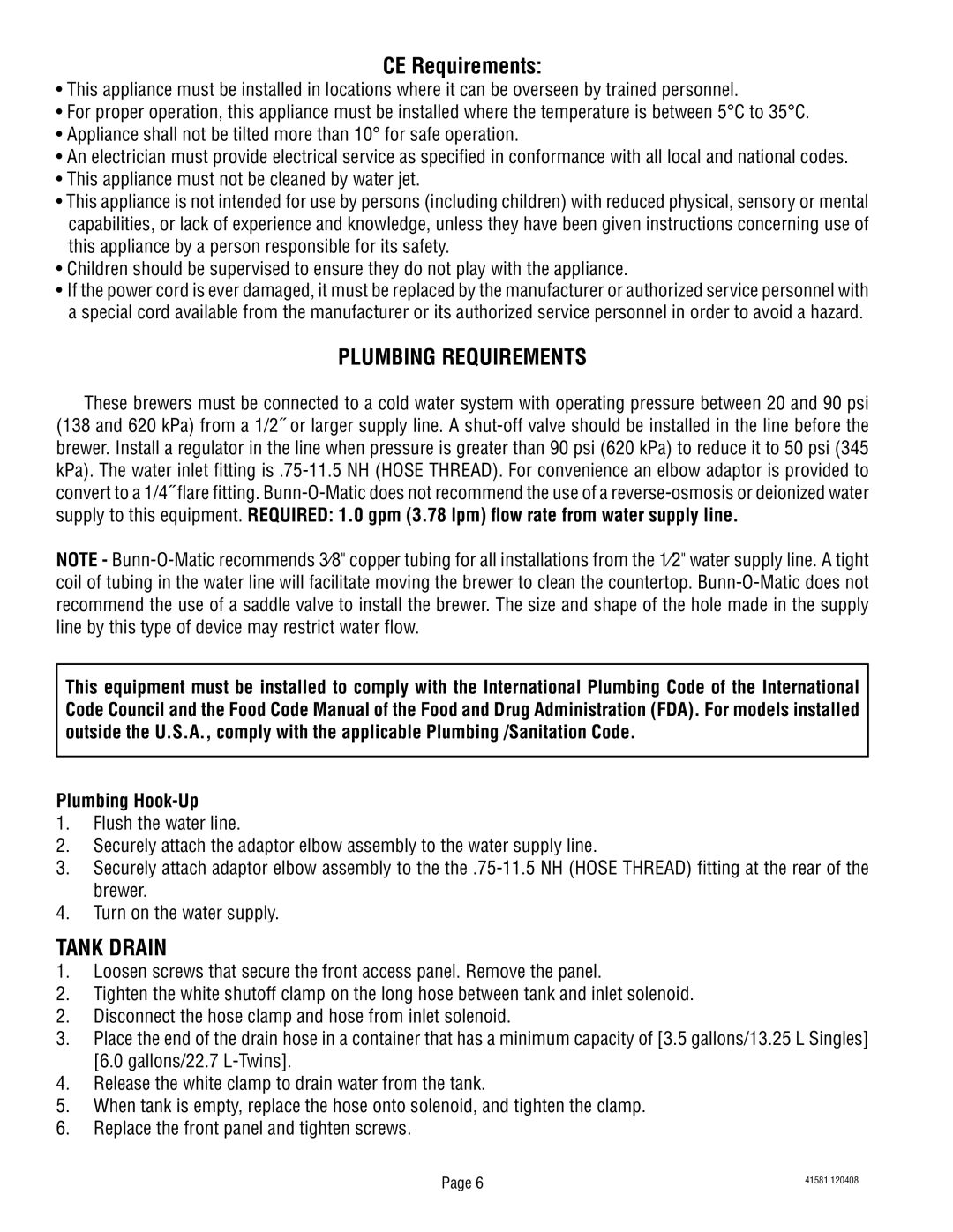 Bunn ICBA, ICBC, ICBB service manual Plumbing Requirements, Tank Drain, Plumbing Hook-Up 