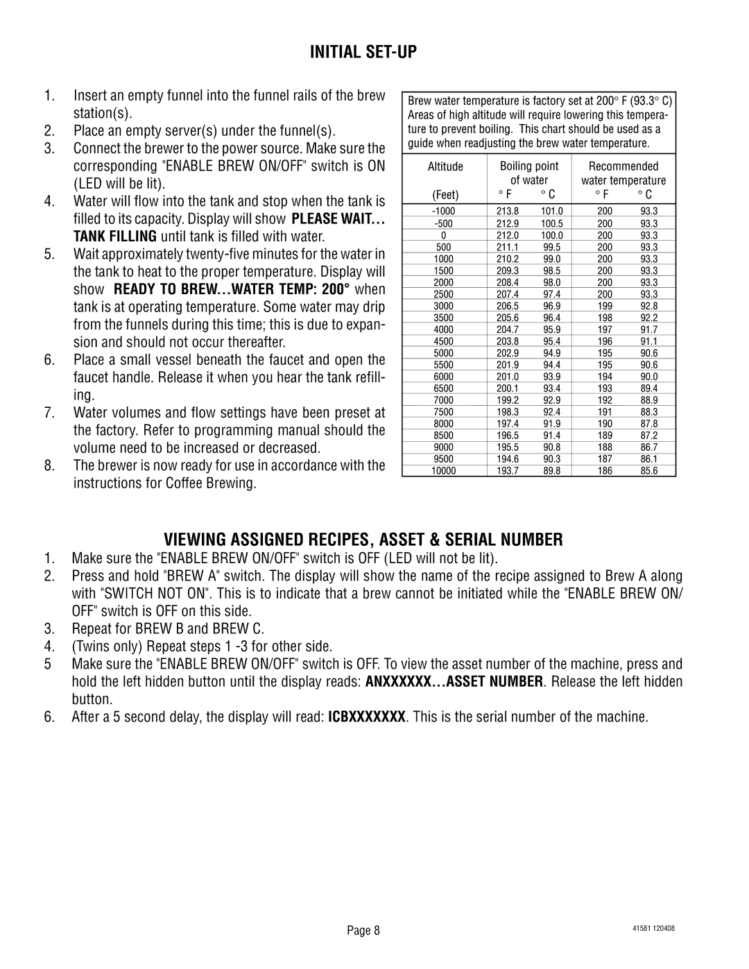 Bunn ICBB Initial SET-UP, Viewing Assigned RECIPES, Asset & Serial Number, Tank Filling until tank is filled with water 