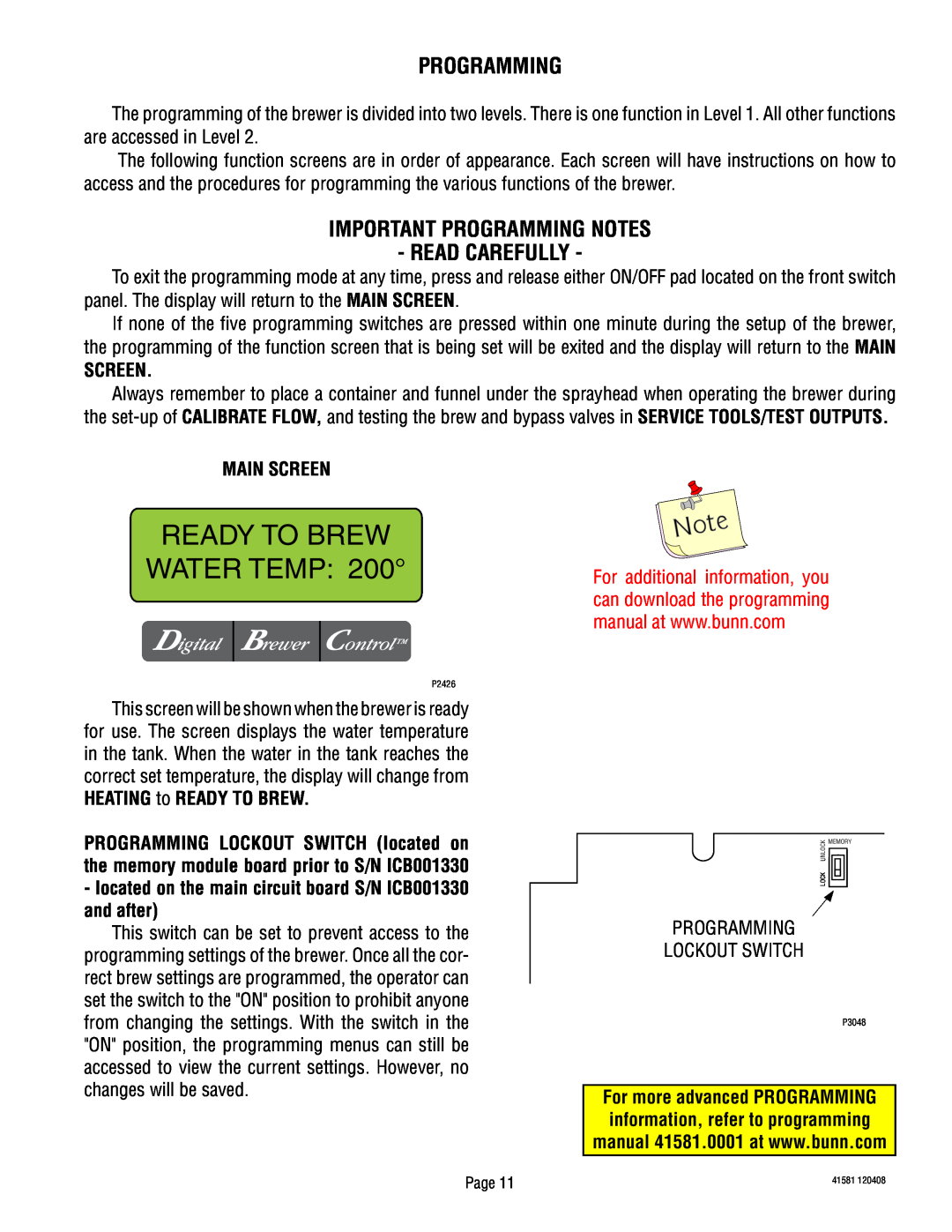 Bunn ICBB, ICBA, ICBC Important Programming Notes Read Carefully, Main Screen, Ready To Brew Water Temp 