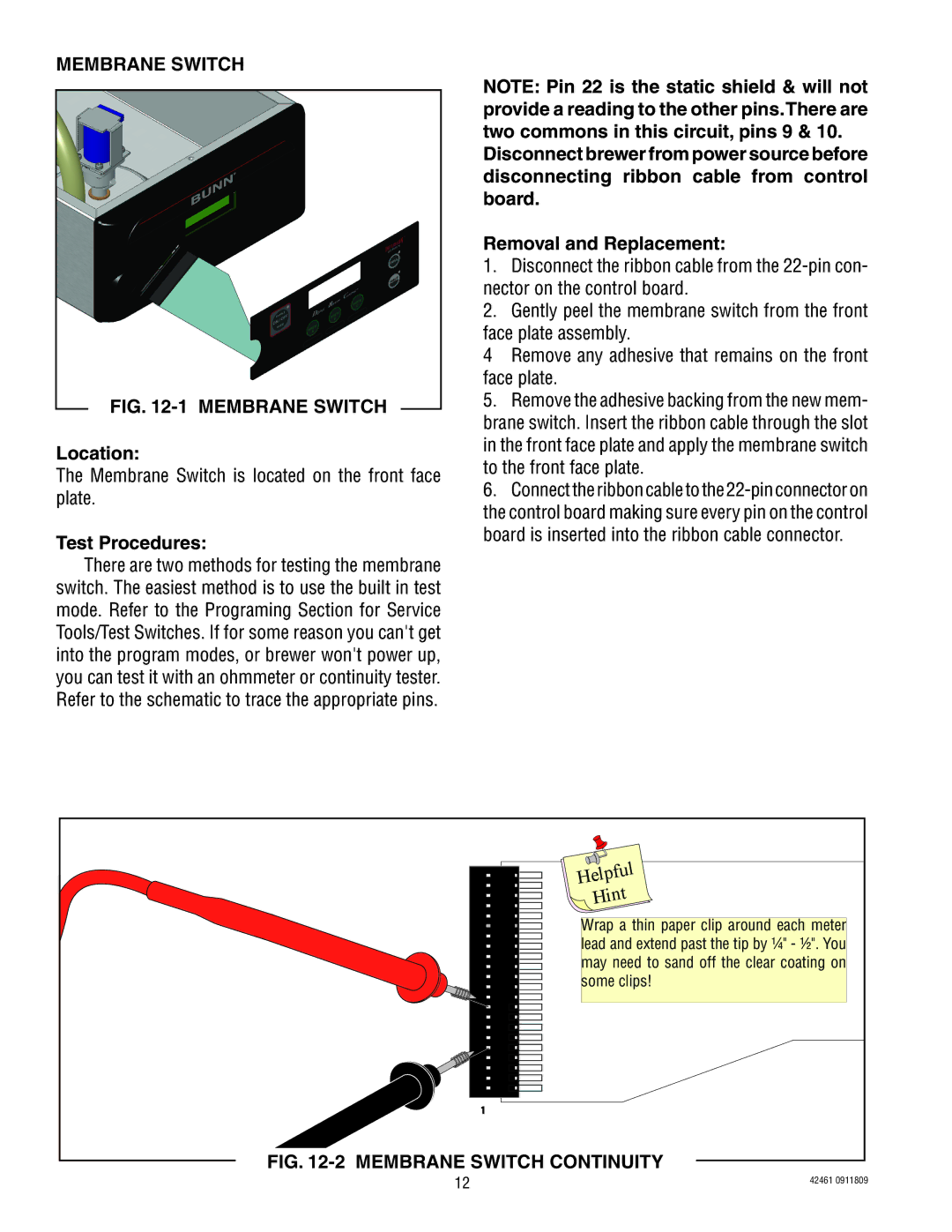 Bunn ICB/TWIN, ITB/ITCB manual Membrane Switch Continuity 