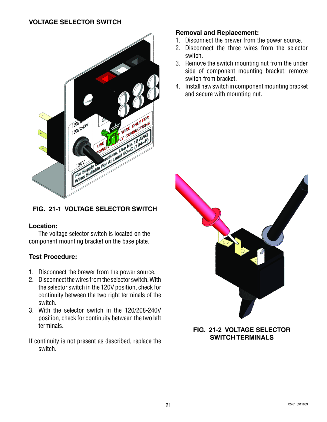 Bunn ITB/ITCB, ICB/TWIN manual Voltage Selector Switch, Test Procedure 