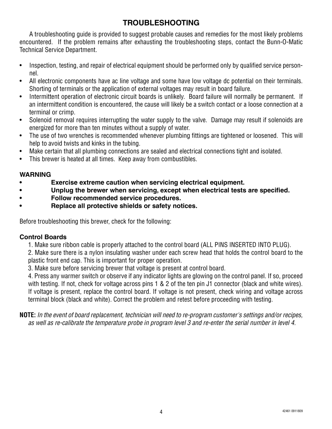 Bunn ICB/TWIN, ITB/ITCB manual Troubleshooting, Control Boards 