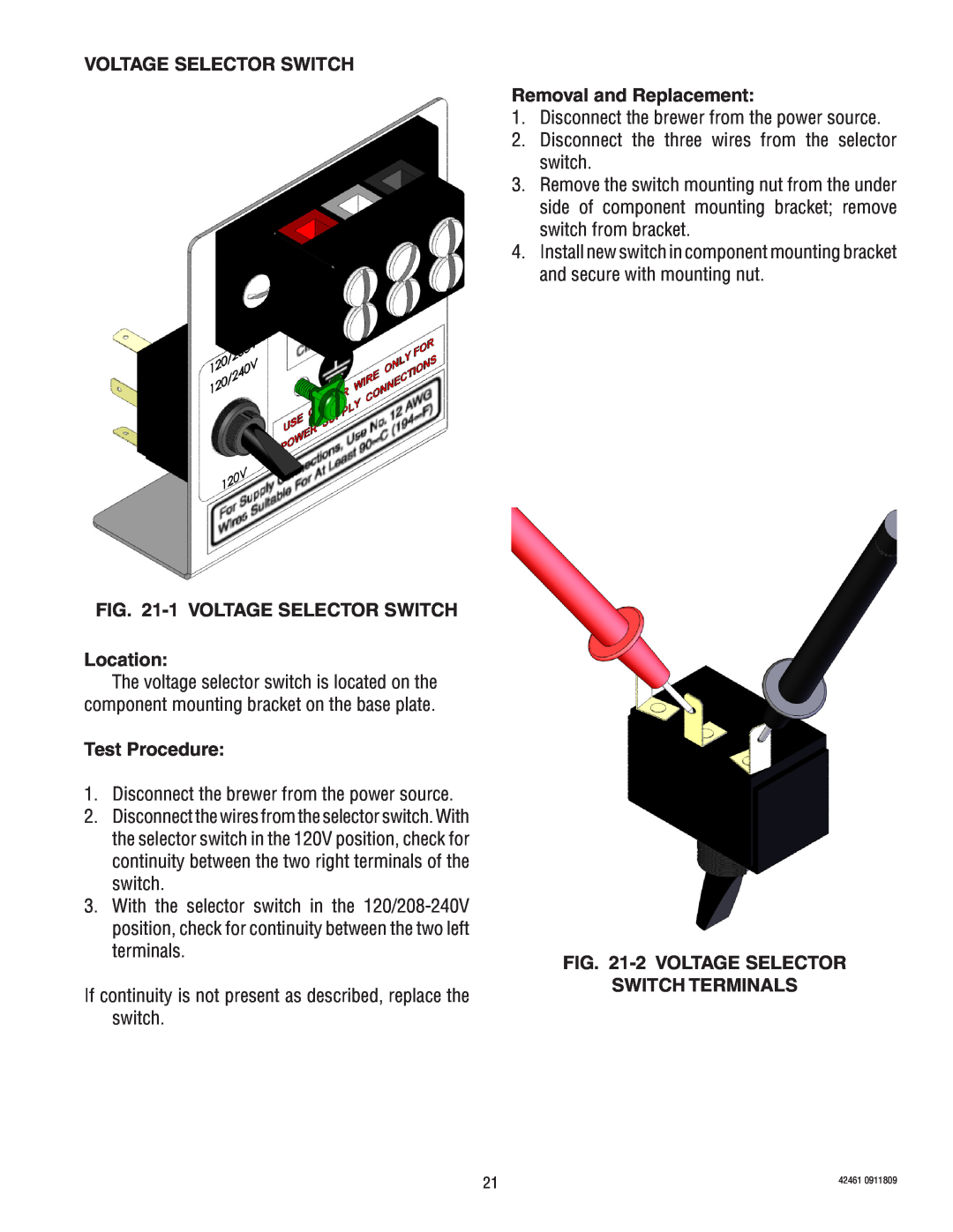 Bunn ITB/ITCB manual VOLTAGE SELECTOR SWITCH -1 VOLTAGE SELECTOR SWITCH Location, Test Procedure, Removal and Replacement 