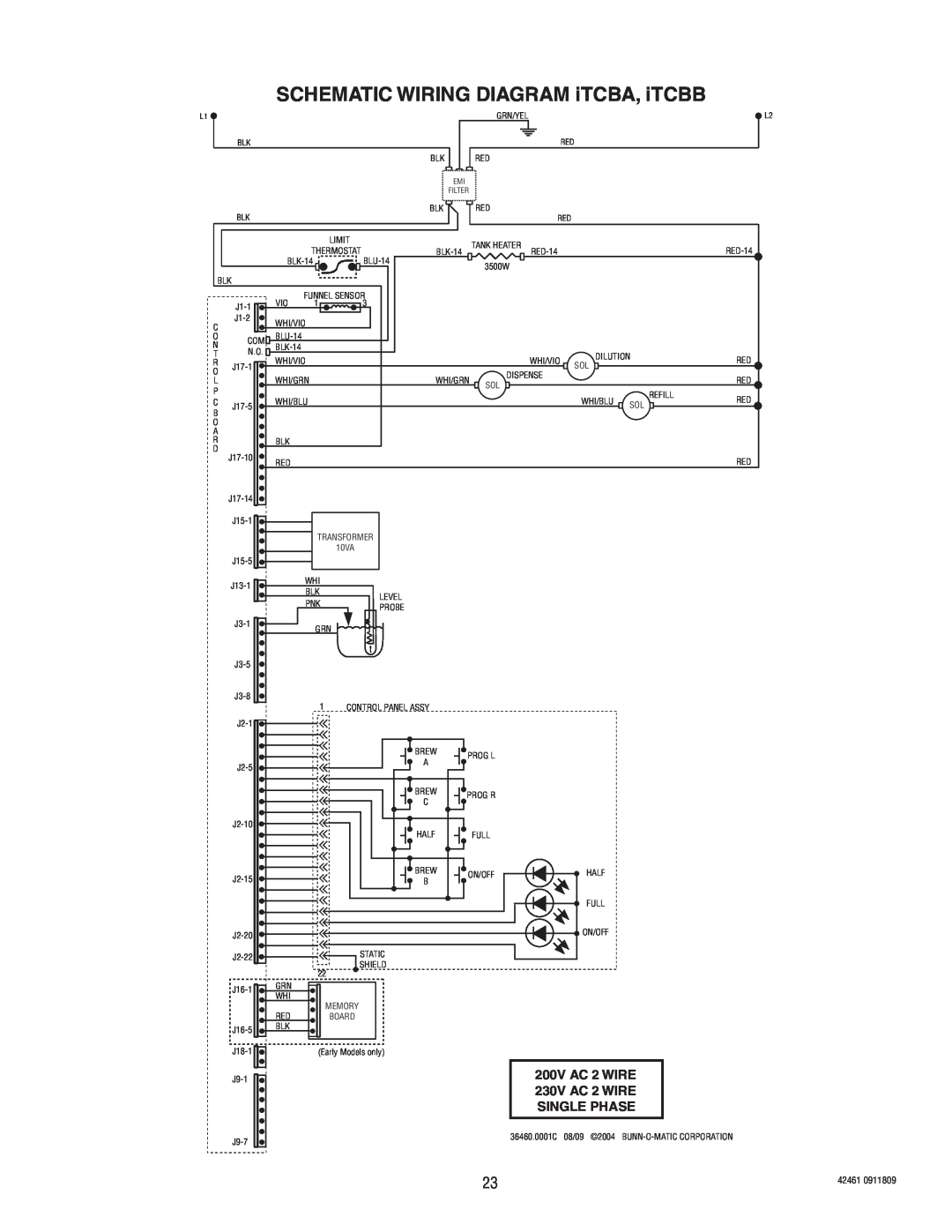 Bunn ITB/ITCB, ICB/TWIN manual SCHEMATIC WIRING DIAGRAM iTCBA, iTCBB, 200V AC 2 WIRE, 230V AC 2 WIRE, Single Phase 
