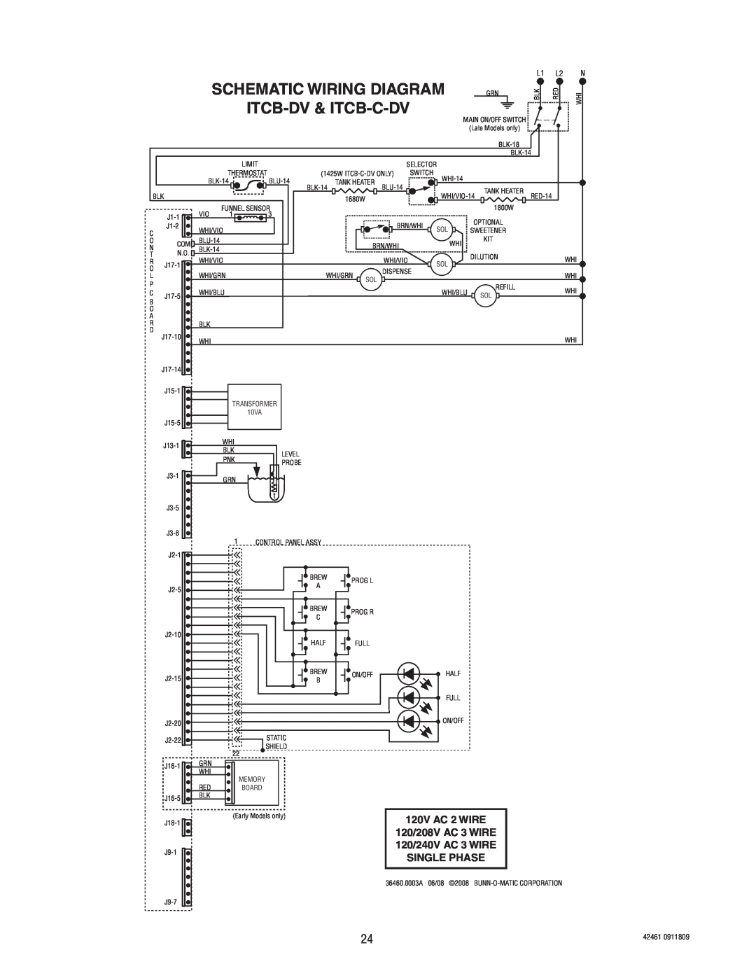 Bunn ICB/TWIN manual Schematic Wiring Diagram, Itcb-Dv & Itcb-C-Dv, 120V AC 2 WIRE, 120/208V AC 3 WIRE, 120/240V AC 3 WIRE 