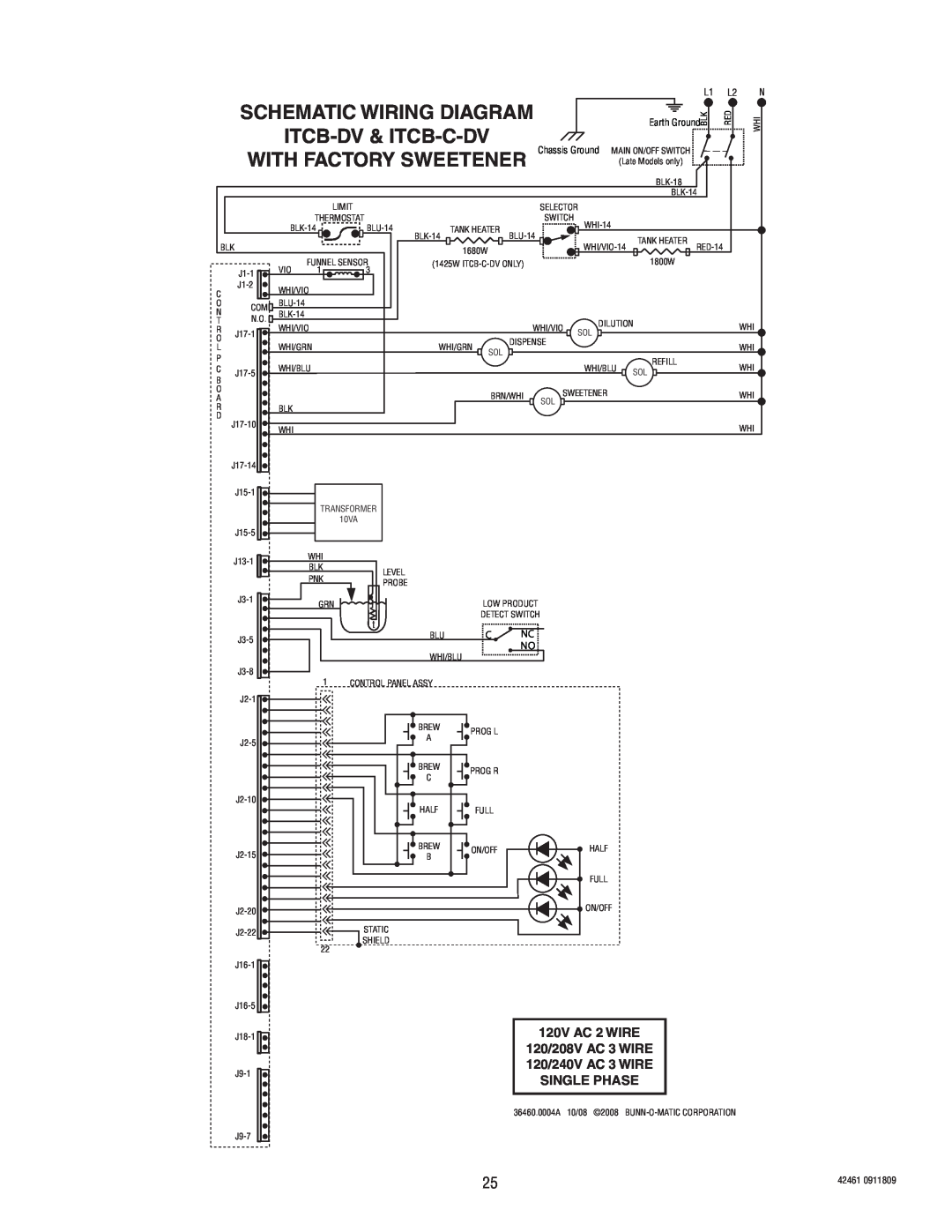 Bunn ITB/ITCB, ICB/TWIN manual With Factory Sweetener, Schematic Wiring Diagram, Itcb-Dv & Itcb-C-Dv 