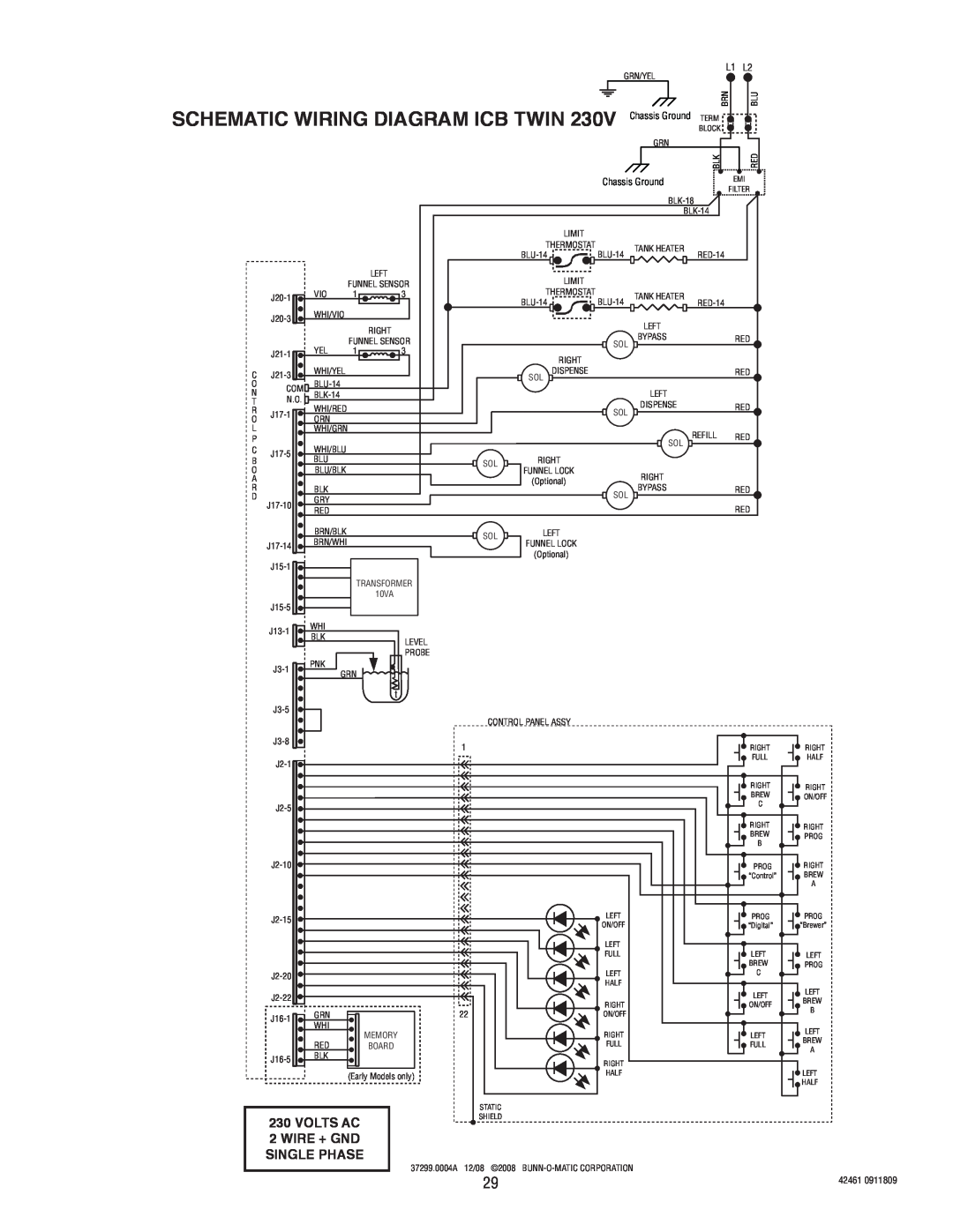 Bunn ITB/ITCB, ICB/TWIN manual SCHEMATIC WIRING DIAGRAM ICB TWIN 230V Chassis Ground TERM, Volts Ac, Wire + Gnd Single Phase 